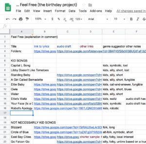 Screenshot of a spreadsheet, tracking various song ideas