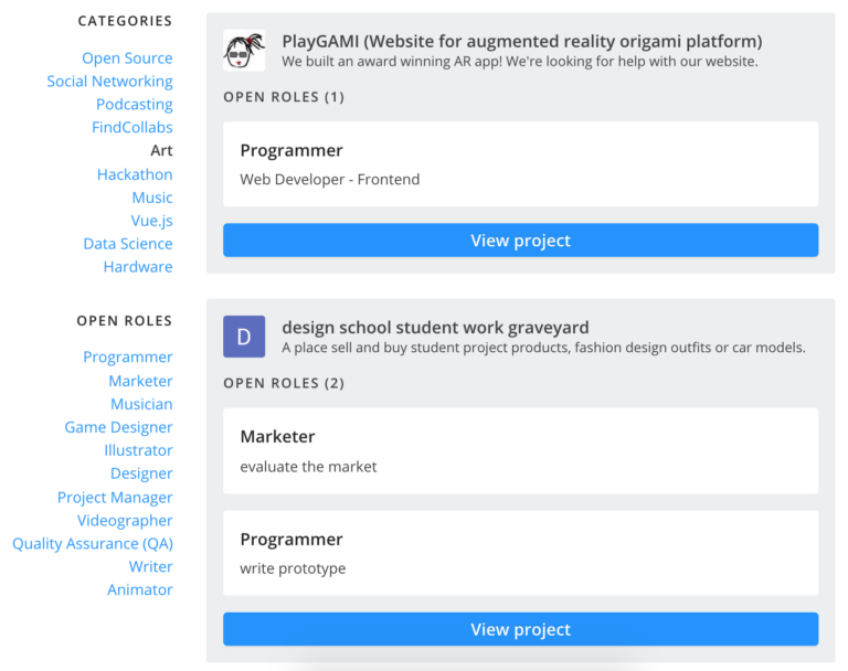 A screenshot of findcolabs.com showing two of the projects in the category "Art"